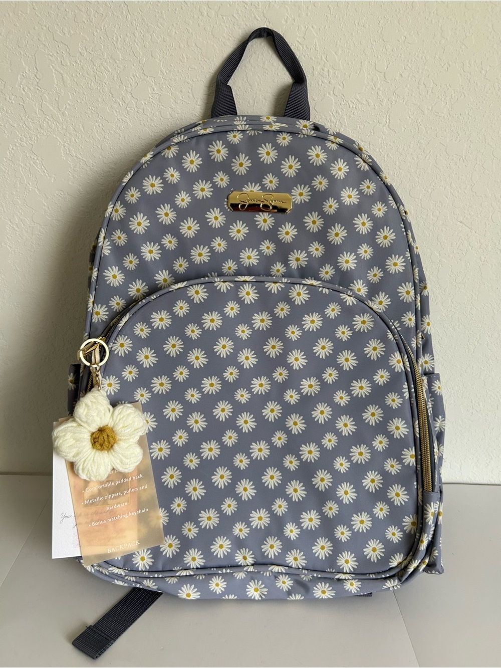 Jessica Simpson Daisy floral Gray Backpack with Gold Accents
